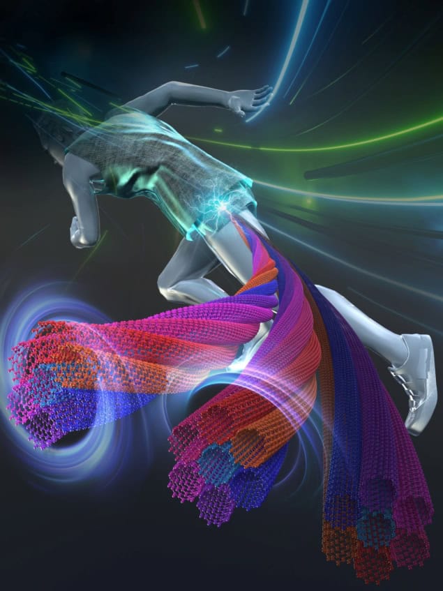 Futuristic carbon nanotube ropes Artist's image showing a running human with a sensor in their body. An inset image of the sensor shows that it contains twisted ropes of carbon nanotubes