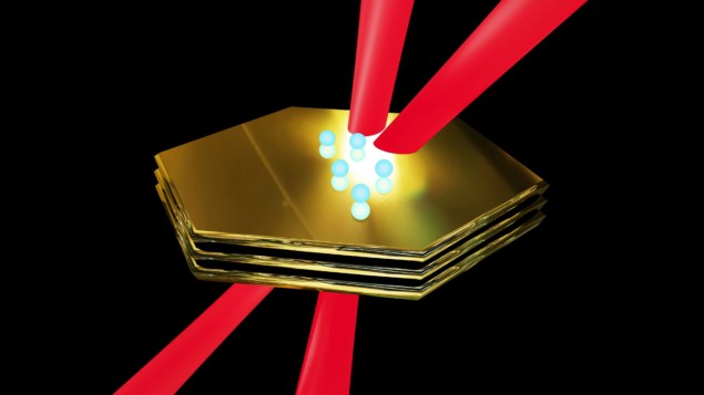 Monocrystalline gold A 3D render of a hexagonal flake of monocrystalline gold with red lines representing laser beams passing through it
