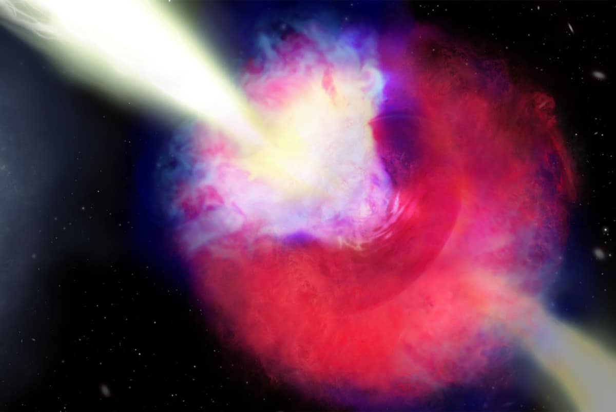 Artist’s impression of GRB 211211A, showing the kilonova and gamma-ray burst.