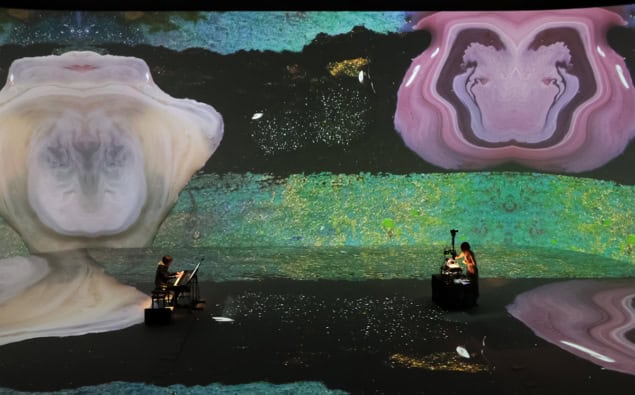 A musician and an artist on a large stage in front of an enormous screen showing a painting A musician and an artist on a large stage in front of an enormous screen showing a painting