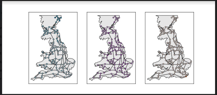 Three maps of the UK, overlaid with circles and lines representing the electrical grid