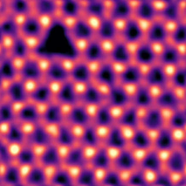 Missing atoms A filtered and coloured scanning transmission electron microscopy image showing a vacancy in a lattice of hexagonal boron nitride. The vacancy appears as a triangular dark spot in a brightly glowing lattice of atoms