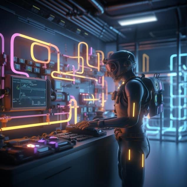 SmartDope Artist's image showing a humanoid robot standing at a laboratory bench and manipulating pipework lit up by pink and yellow light