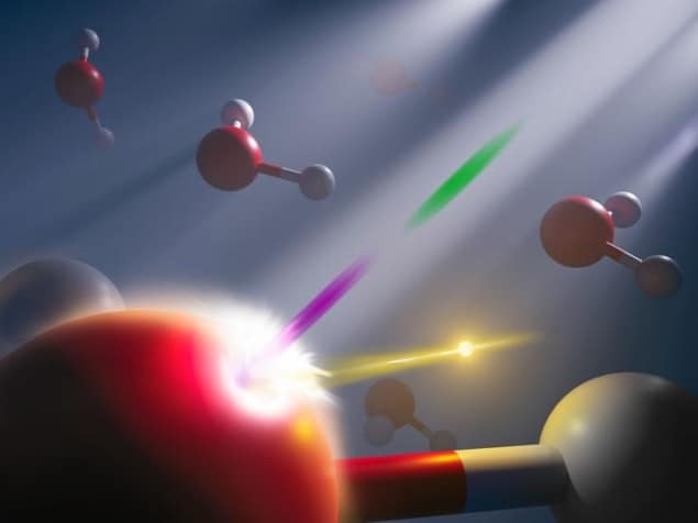 Attosecond spectroscopy of water Image showing a purple streak and a green streak colliding with a water molecule, represented by a red ball for oxygen and smaller white balls for hydrogen. A gold flash representing an electron is also present