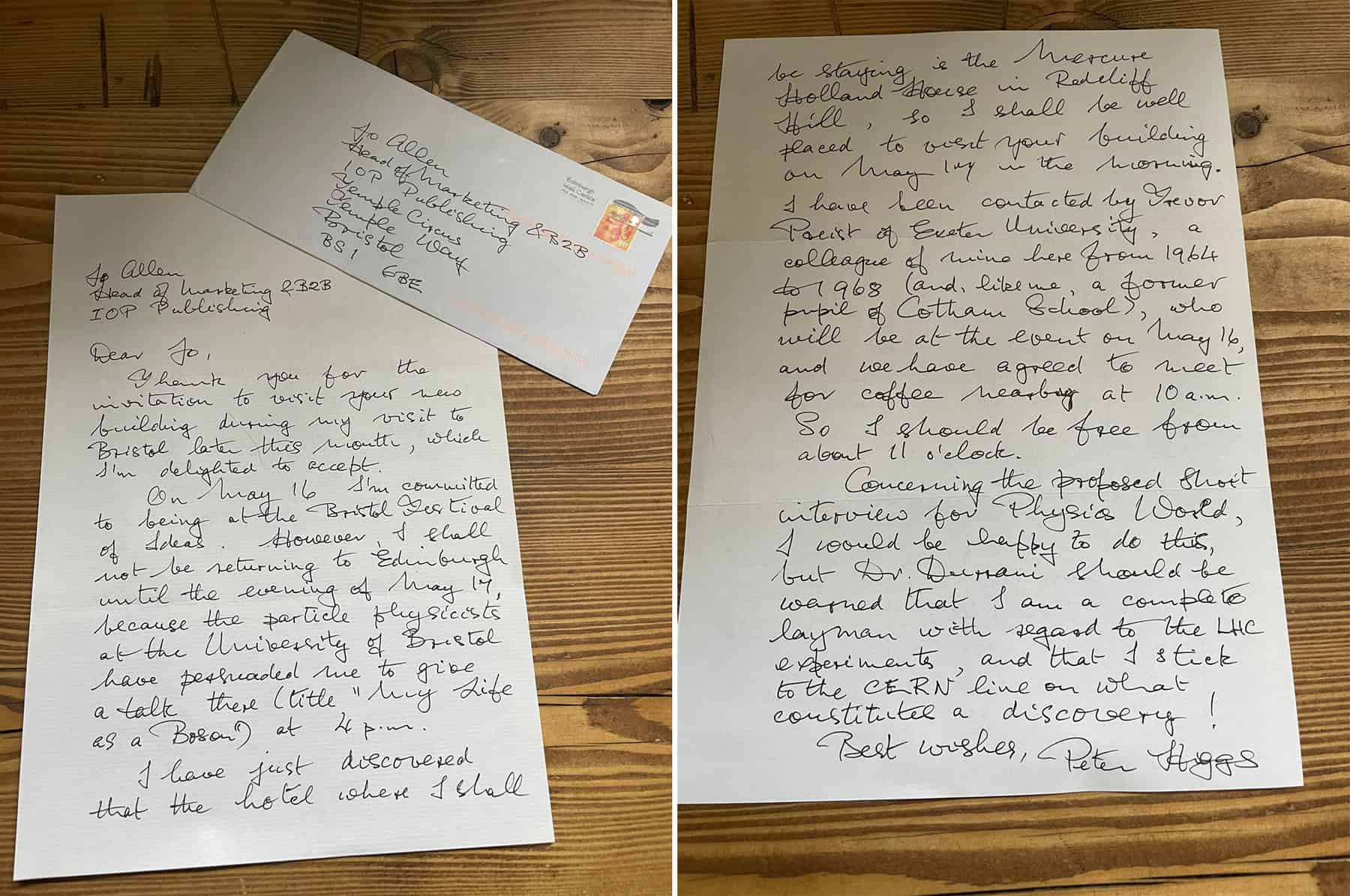 Two photos of a letter from Peter Higgs to Jo Allen dated 1 May 2012