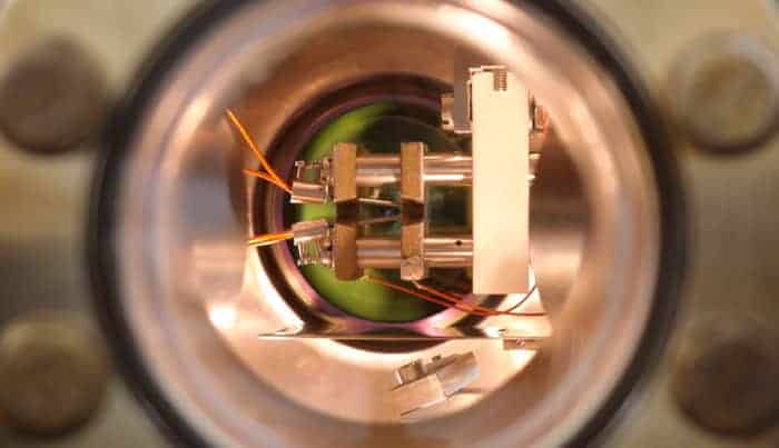 An image of the ion trap inside the vacuum chamber