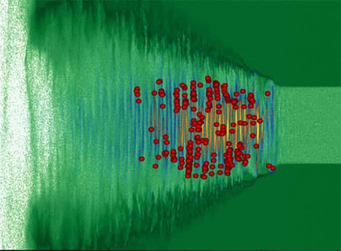 Image from a computer simulation showing an intense laser pulse as it travels in plastic