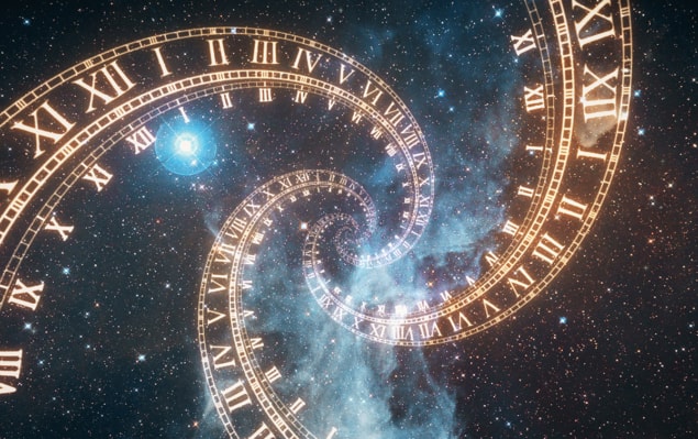 Time spiral Artist's image showing Roman numerals like you'd see on a clock face spiralling into the distance against a starry backdrop