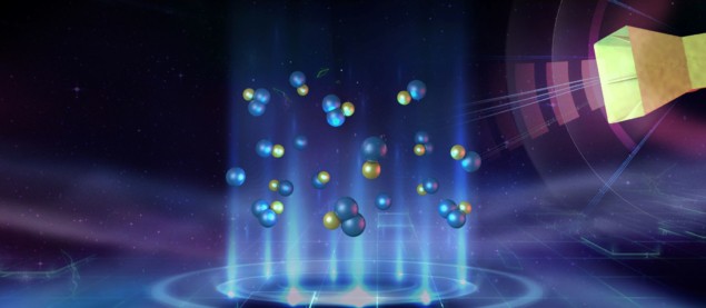 Ultracold triatomic molecules A collection of atoms, diatomic molecules and triatomic molecules (represented by different-coloured blobs joined together) floating in space and bathed in an RF pulse