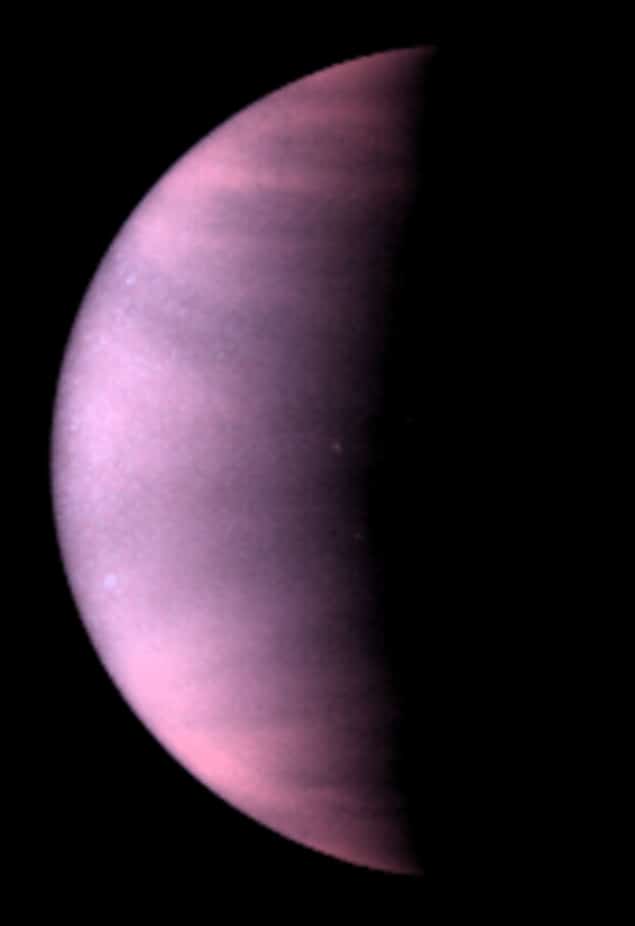 Venus' clouds Image of clouds on the planet Venus. The planet is shown half in darkness, and the clouds appear in this ultraviolet-light image as a hazy, pink-purple colour