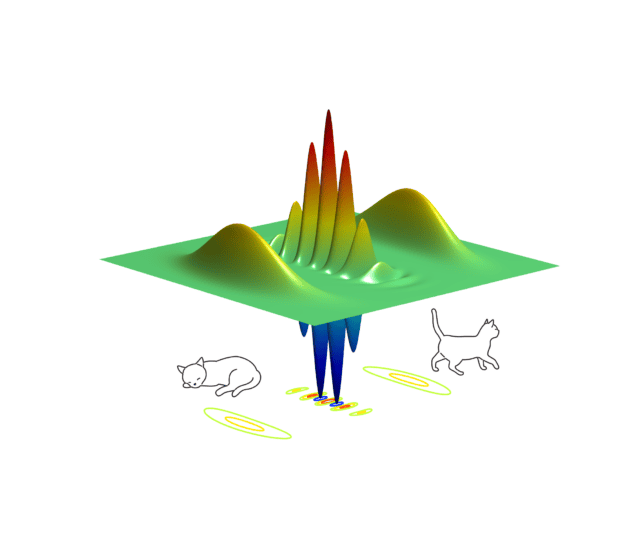 Illustration of Schrodinger's cat qubit Conceptual illustration showing interference fringes between a